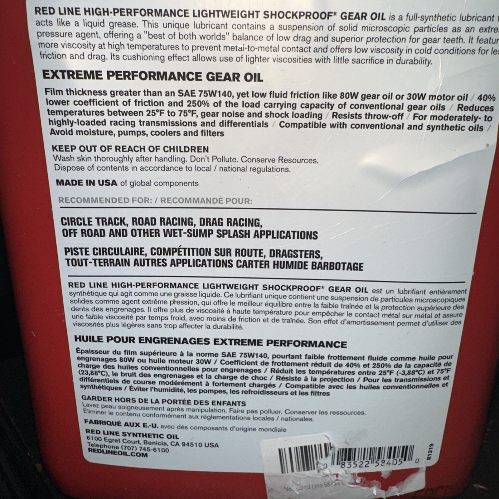 Redline 58405 Lightweight Shock Proof Gear Oil, Gallon