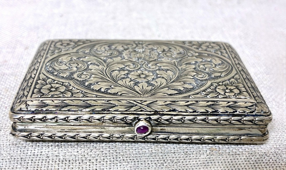 Antique 800 Silver Engraved Cigarette Case Snuff Trinket Box Ruby Clasp 86g