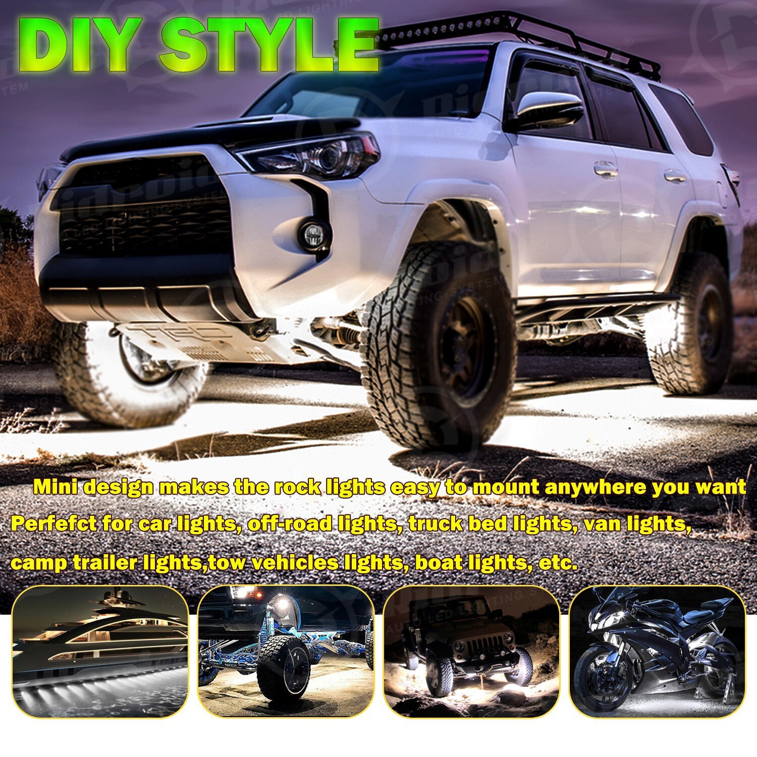 8X White LED Rock Lights Underbody Trail Rig Glow Lamp Offroad SUV Pickup Truck