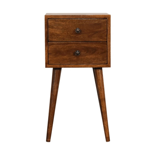 Solid Wood Mini Nightstand, 2-Drawers, Chestnut, Dark Brown