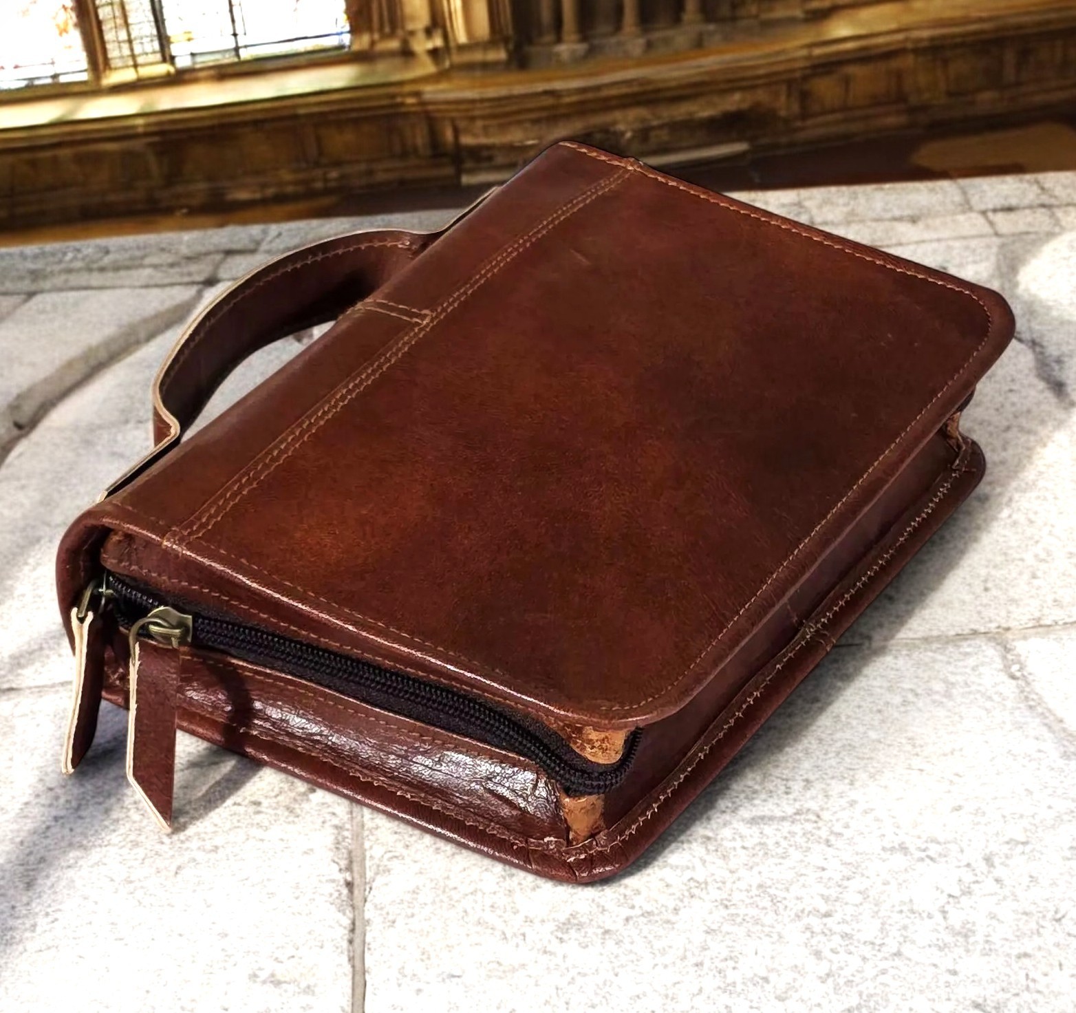 Large Handmade Leather Bible Cover | Vintage Brown Leather Holy Bible Case.