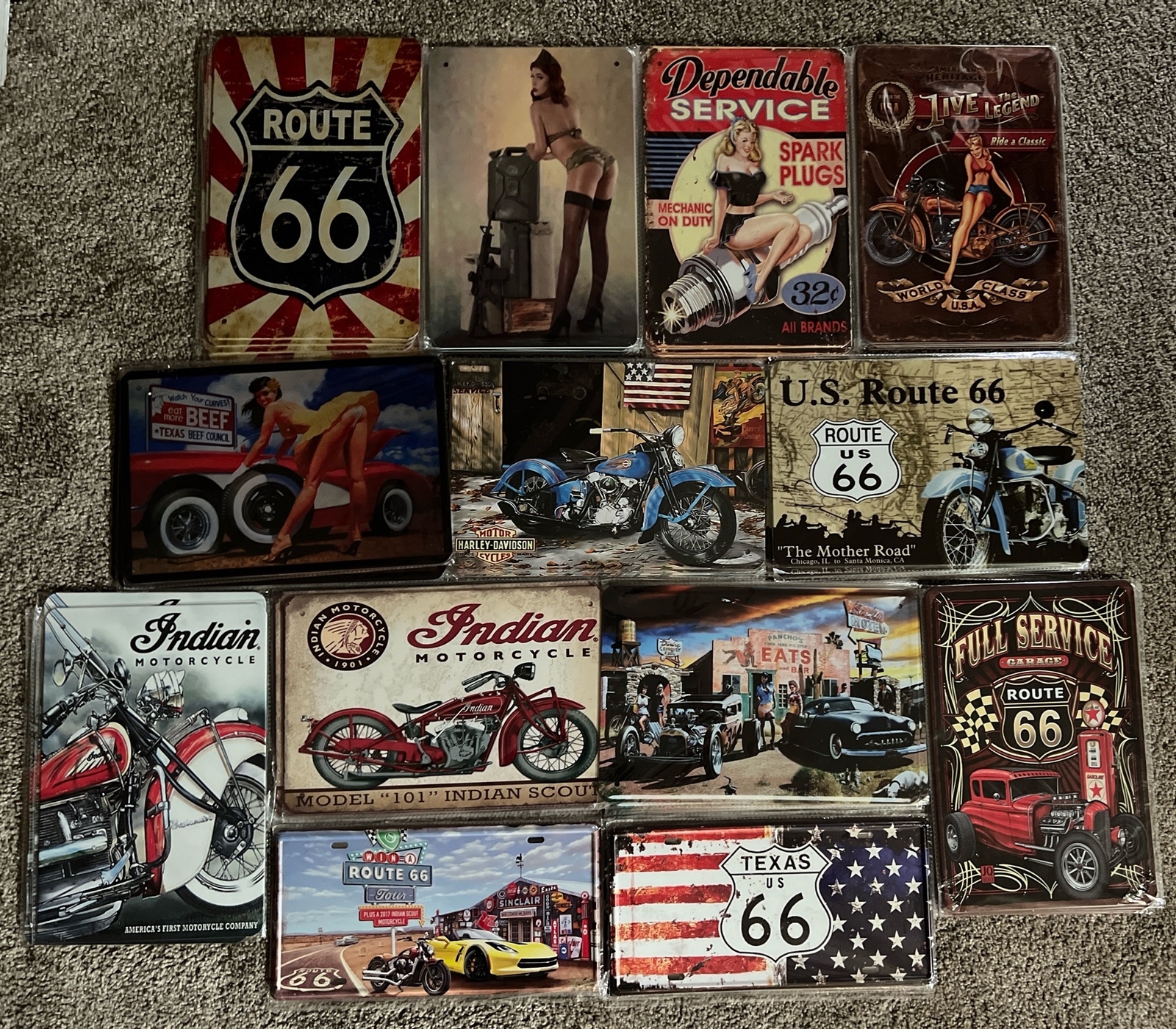 wall Sign decor tin metal plates set of 13 motorcycle Harley Davidson Indian New