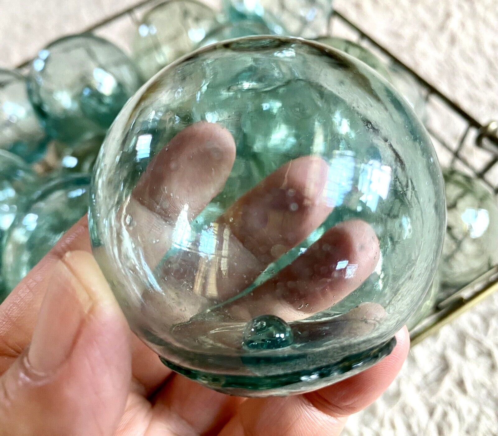 Vintage Japanese Fishing Glass Floats, Set of 12, Green & Blue - Marked, 2"-2.5"