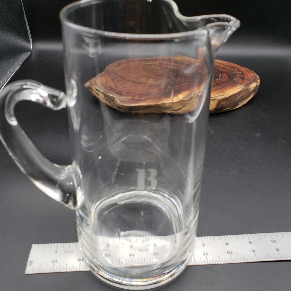 Monogram B Clear Glass Pitcher 9" 56 oz Hand Blown Style Applied Handle Barware
