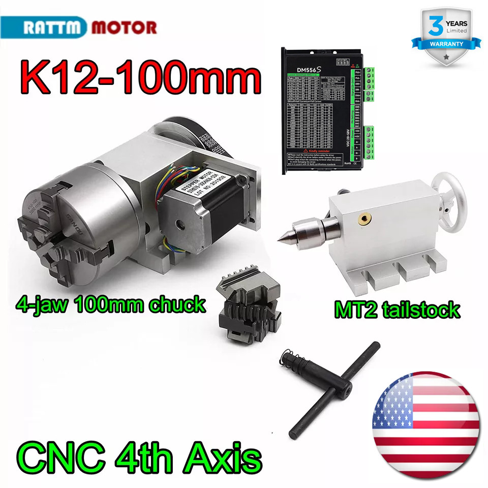 「US」K12-100mm CNC A 4th Axis 4 Jaw Chuck Rotation A-Axis Ratio 6:1 +Motor Driver