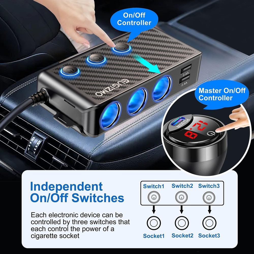 EUGIZMO Cigarette Lighter Adapter, 222W 3 Socket Car Black
