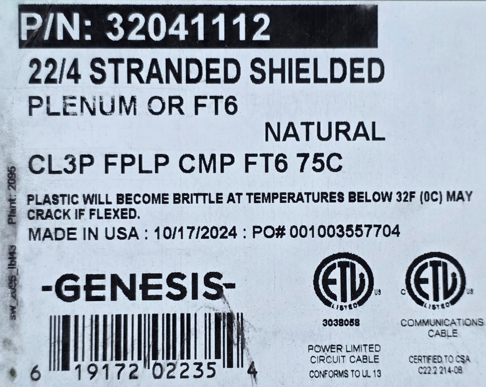 Southwire Genesis 3204 22/4C Shielded Plenum Control Cable CMP White /100ft