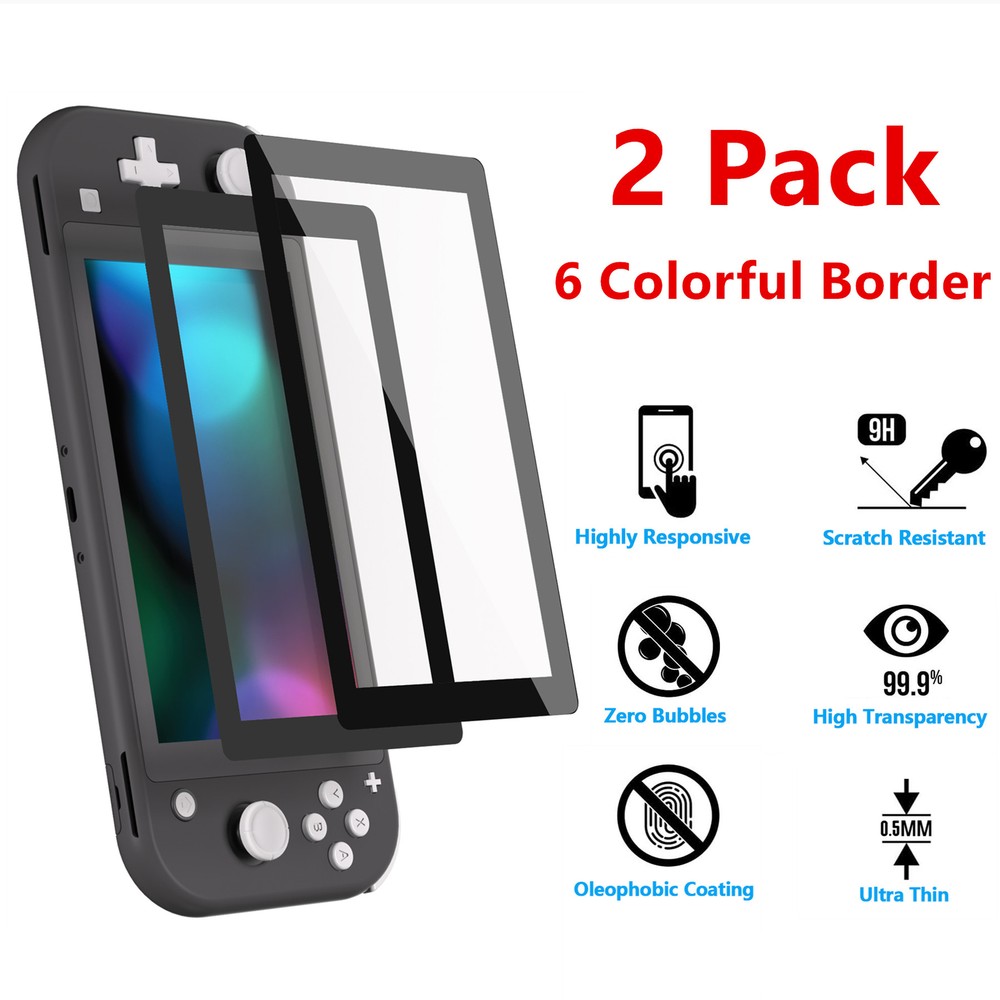 2-Pack Tempered Glass Screen Protector for Nintendo Switch Lite 6 Colors Border