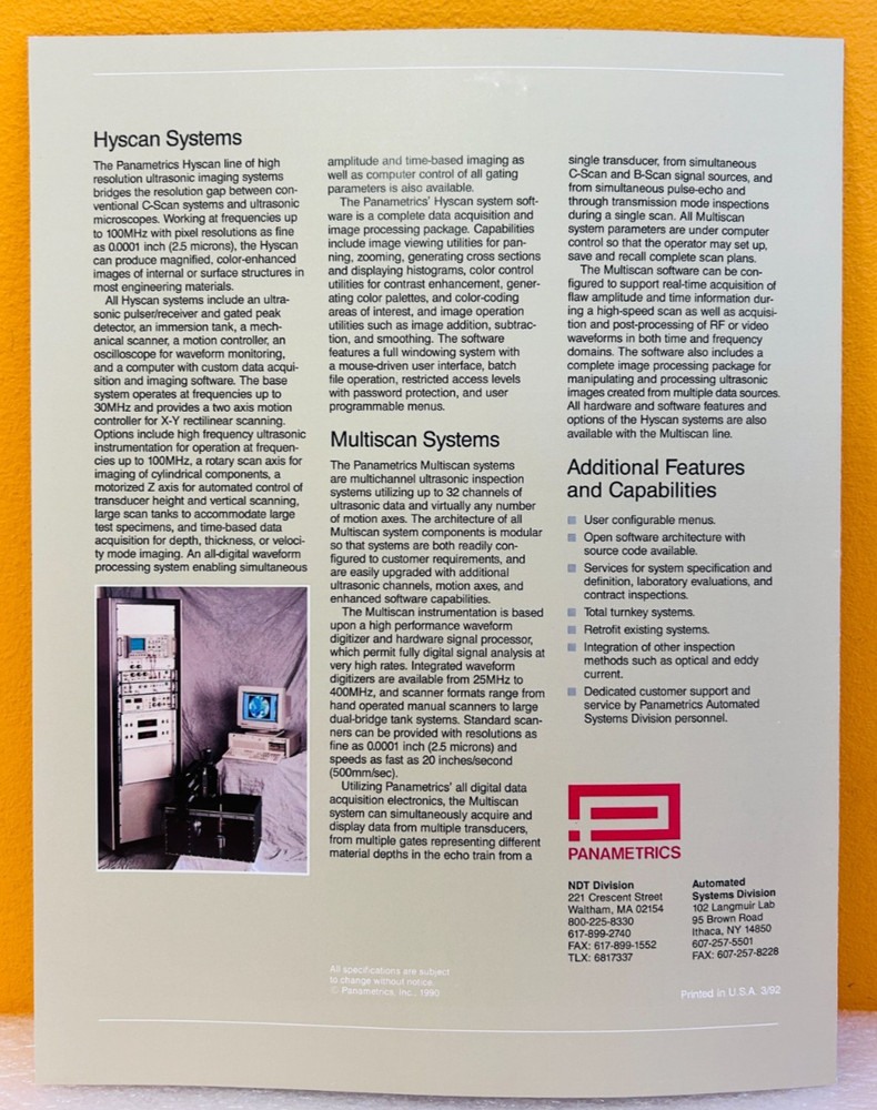 Panametrics 1992 Automated Systems For Nondestructive Testing Catalog.