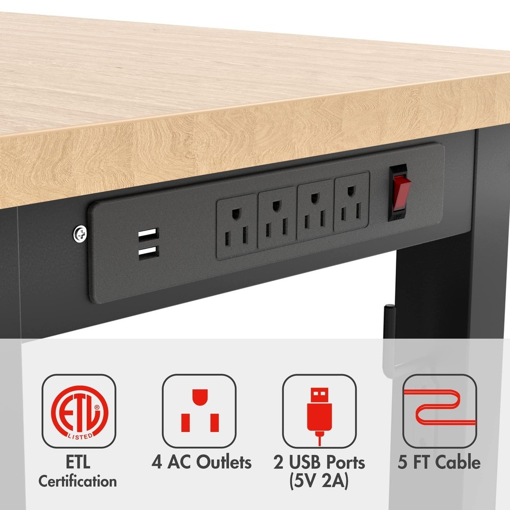 48" Worktable Adjustable Heavy-Duty Steel Frame Solid Rubberwood Tabletop Power