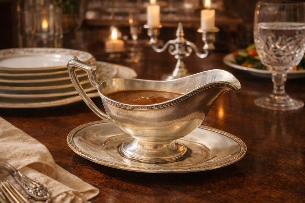 Andover Silver Co. USA 1930s EPNS Gravy Boat With Underplate, 7.5x4x5”