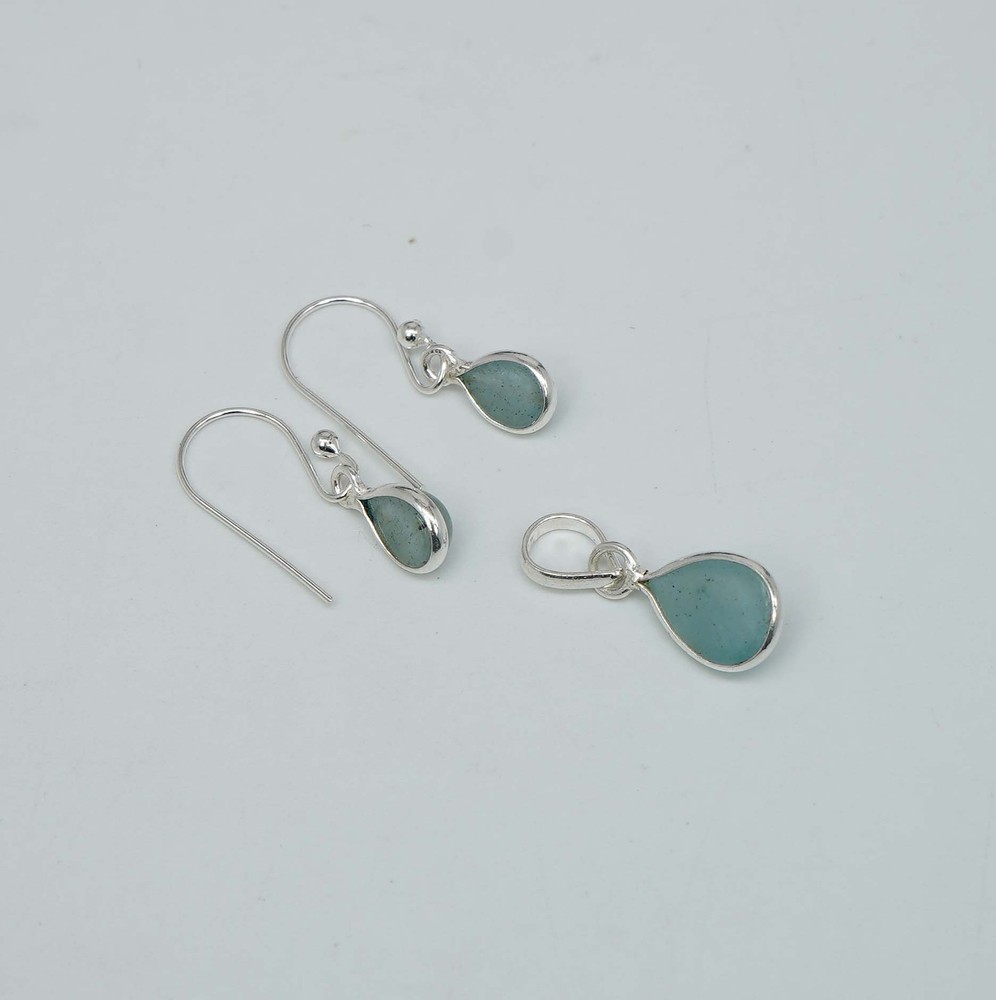 925 Solid Sterling Silver Aquamarine Hook Earring Pendant Set