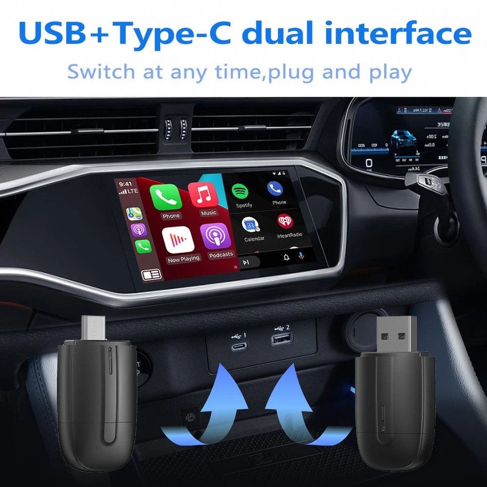 USB-C Dual-Interface Wireless Car Adapter for Wired Smartphone Projection — Plug