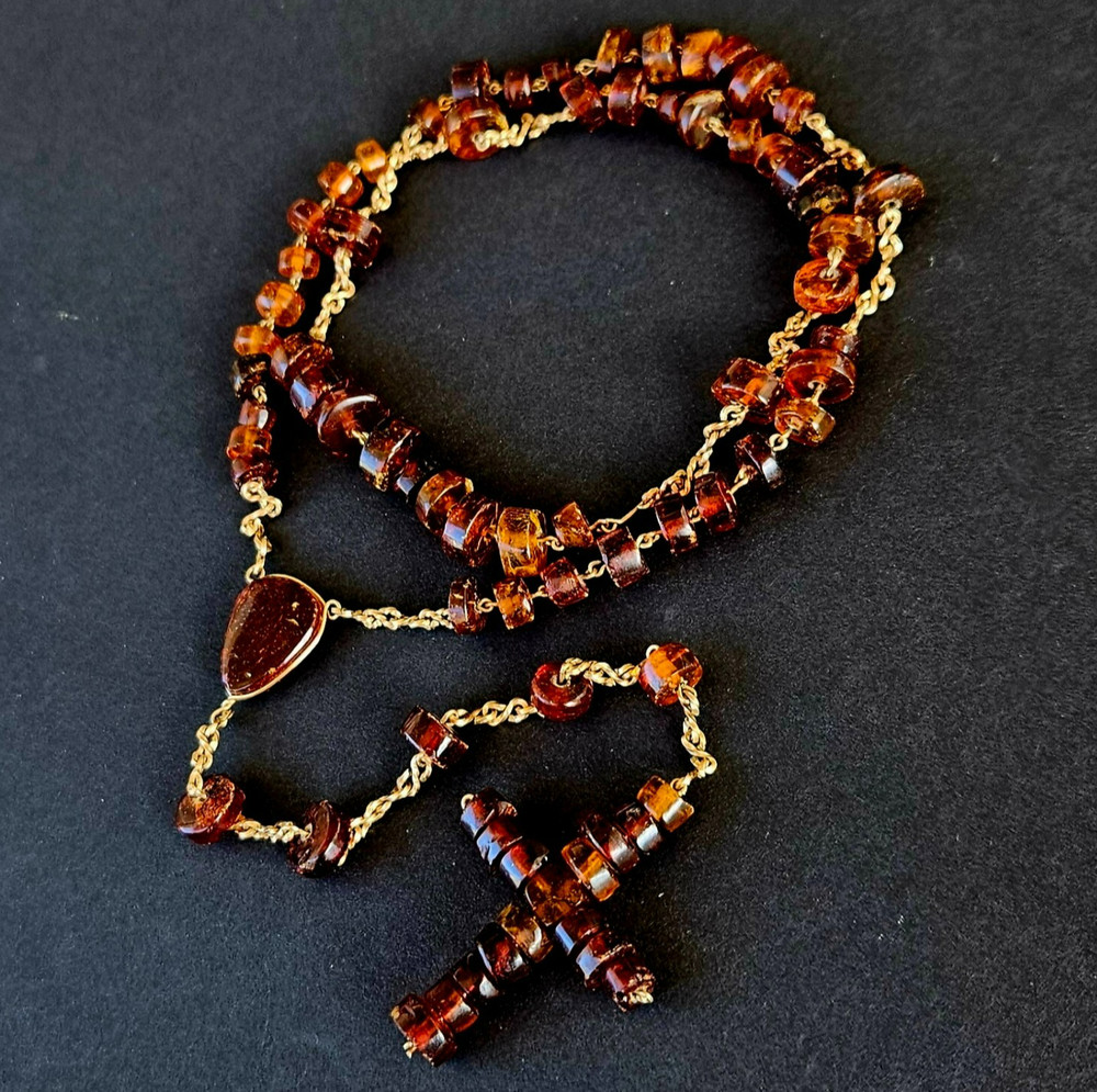 Antique Catholic Baltic Amber Prayers Rosary Beads Necklace Cross Pendant