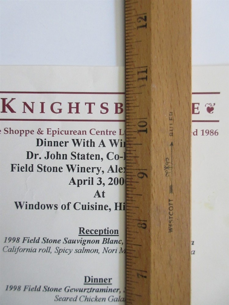 Knightsbridge Menu Dinner Menu Field Stone Winery 2000 Northbrook IL