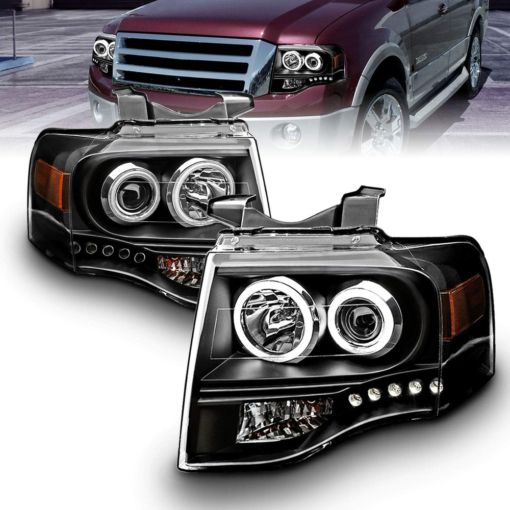 Black Xtreme LED Halos Projector Headlights for 2007-2014 Ford Expedition - Pass