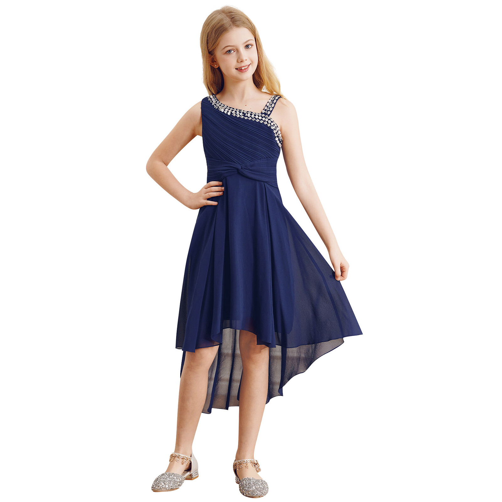 US Girls Sparkly Straps Summer Dress Sleeveless High Low Junior Bridesmaid Dress