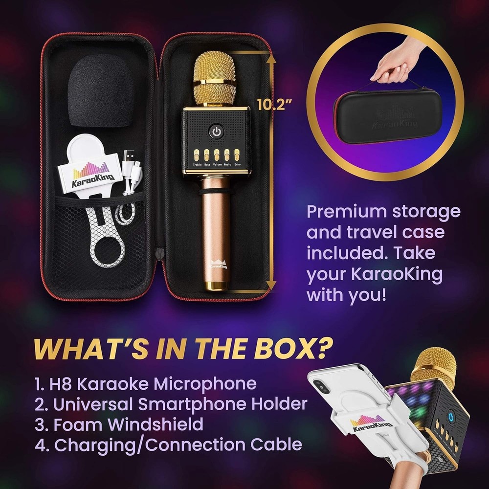 Wireless Karaoke Microphone (LED Light, Gold)