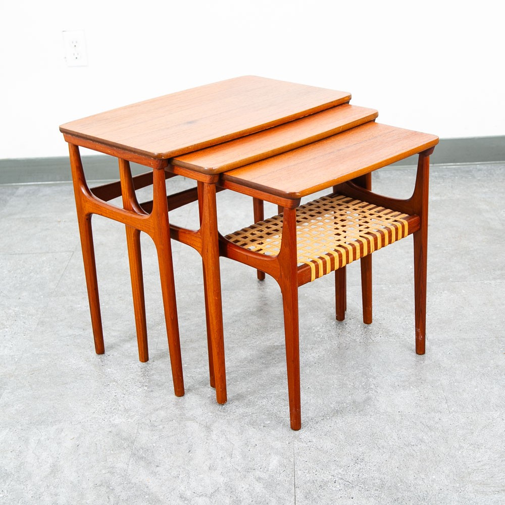 Mid Century Danish Modern Nesting Tables Solid Teak Set 3 Denmark Cane Vintage