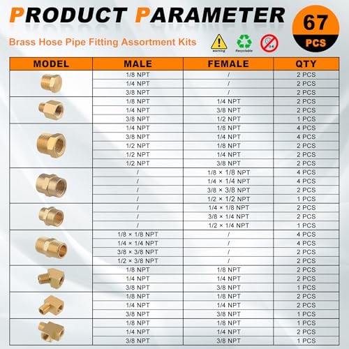 68PCS Brass Pipe Fitting & Adapters Assortment Kit, NPT Adapter, Hex 68pcs