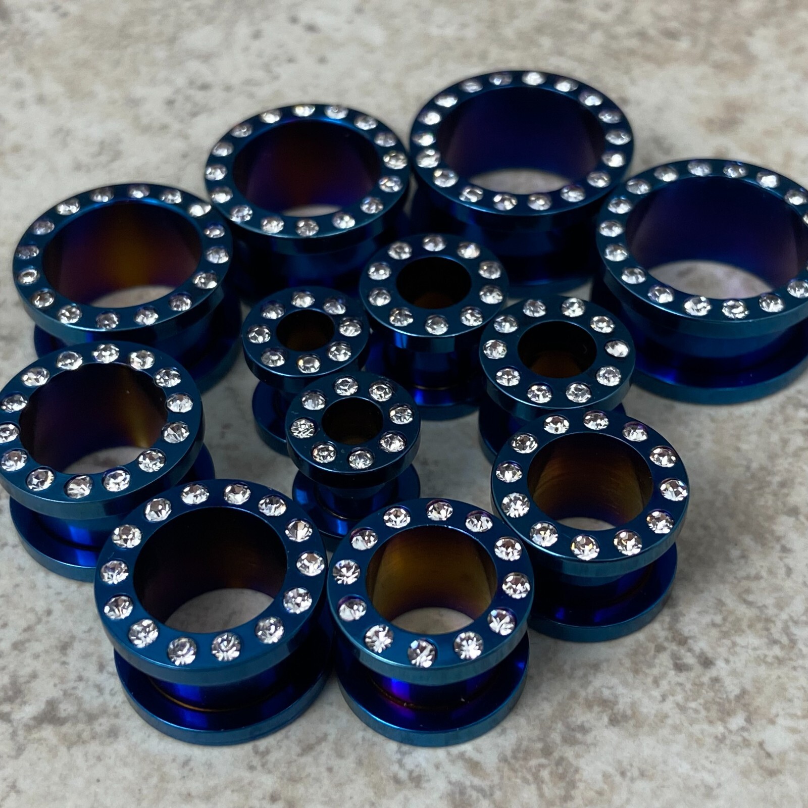 Pair of Blue CZ Steel Screw on Tunnels set gauges plugs PICK SIZE