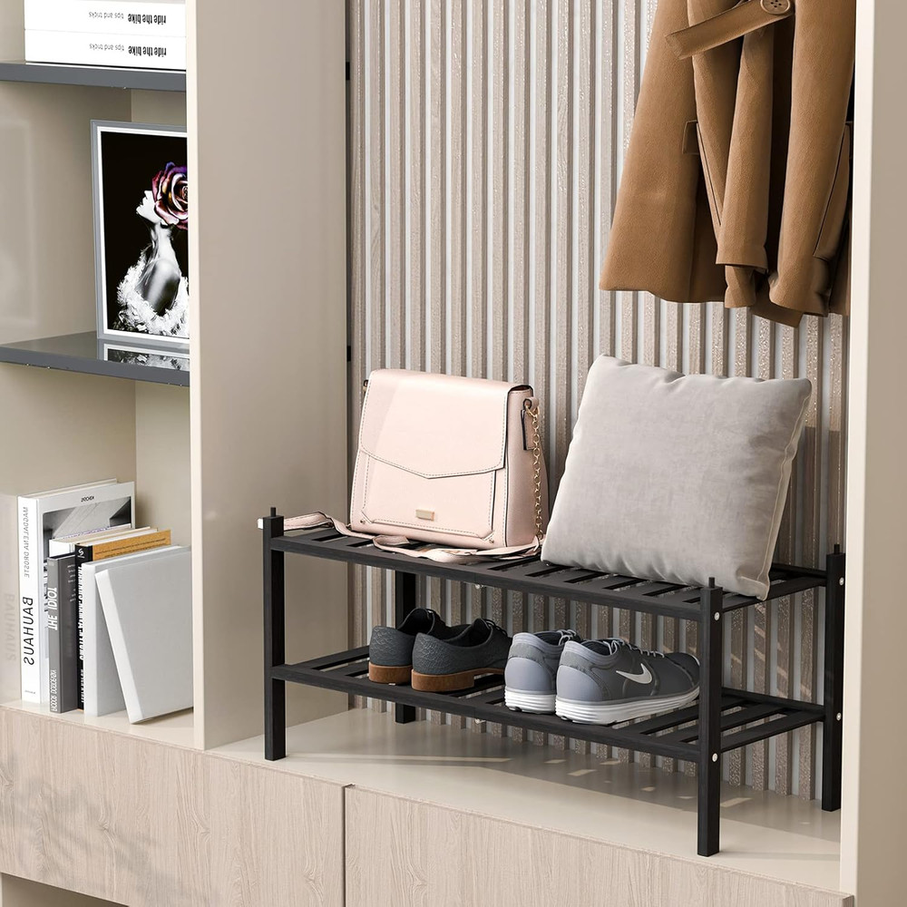 Shoe Rack, 2-Tier Bamboo Stackable Shelf Storage Organizer, Stand for Closet, En