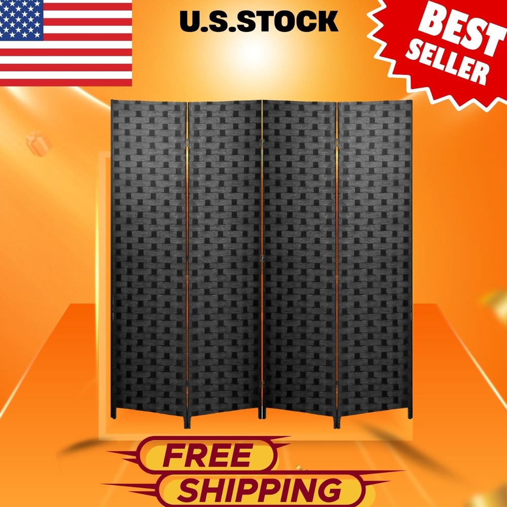 6FT Folding Wood Room Divider, 4-Panel Hand-Woven Screen, Black