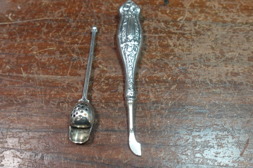 Antique Sterling Silver tea strainer diffuser spoon + Sterling scraper? vtg #180
