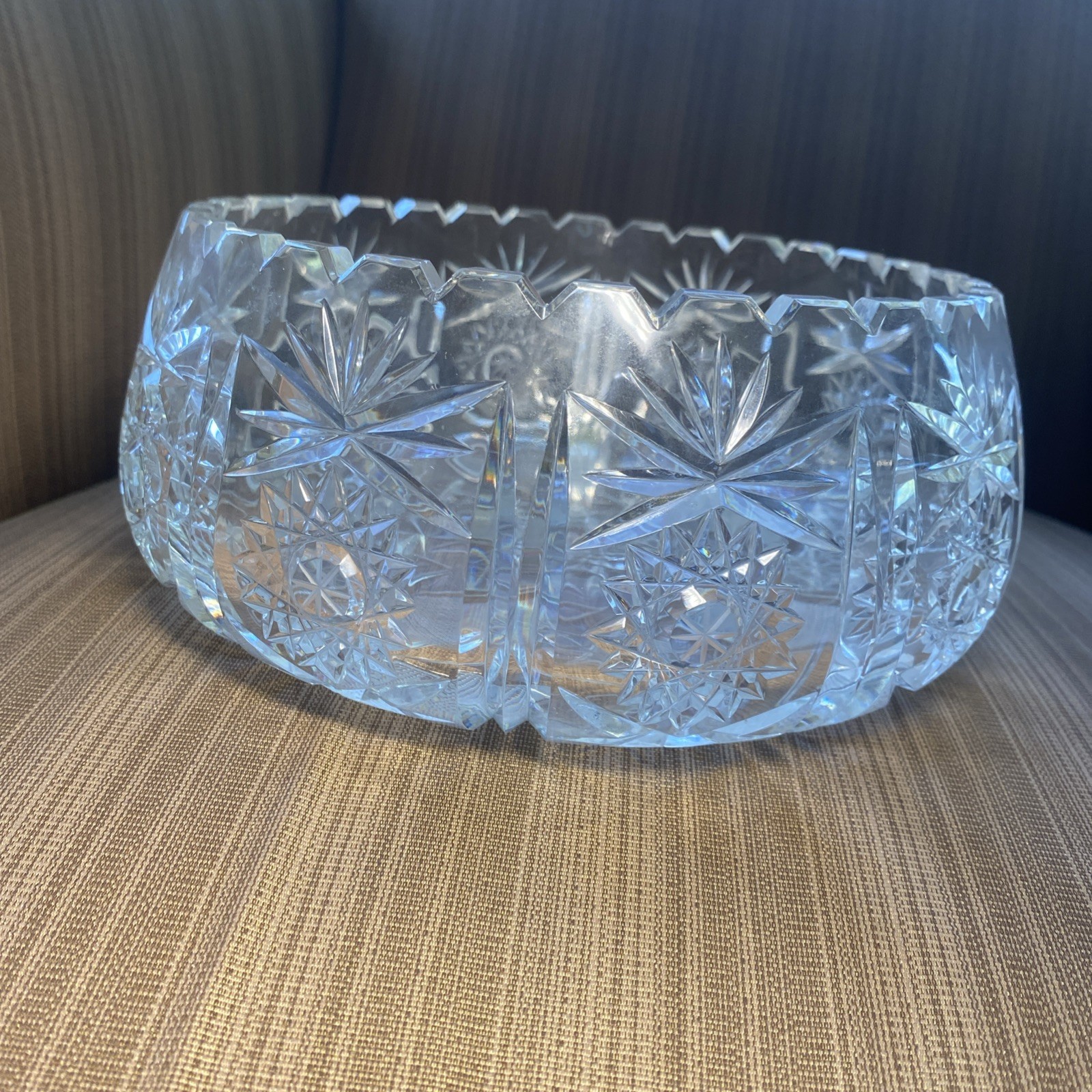 Vintage Hand-Cut ABP Crystal Bowl 8” Starburst & Fan Pattern Brilliant Sparkle
