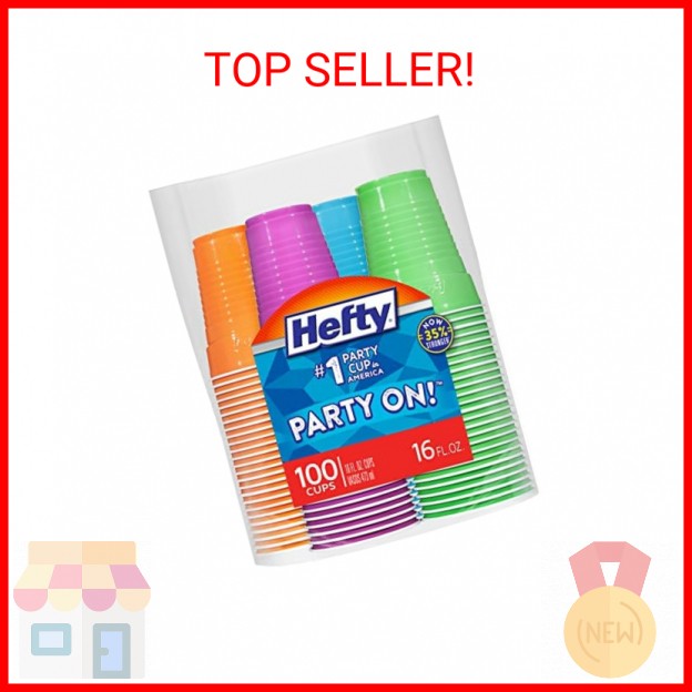 Hefty Party On Disposable Plastic Cups, Assorted, 16 Ounce, 100 Count