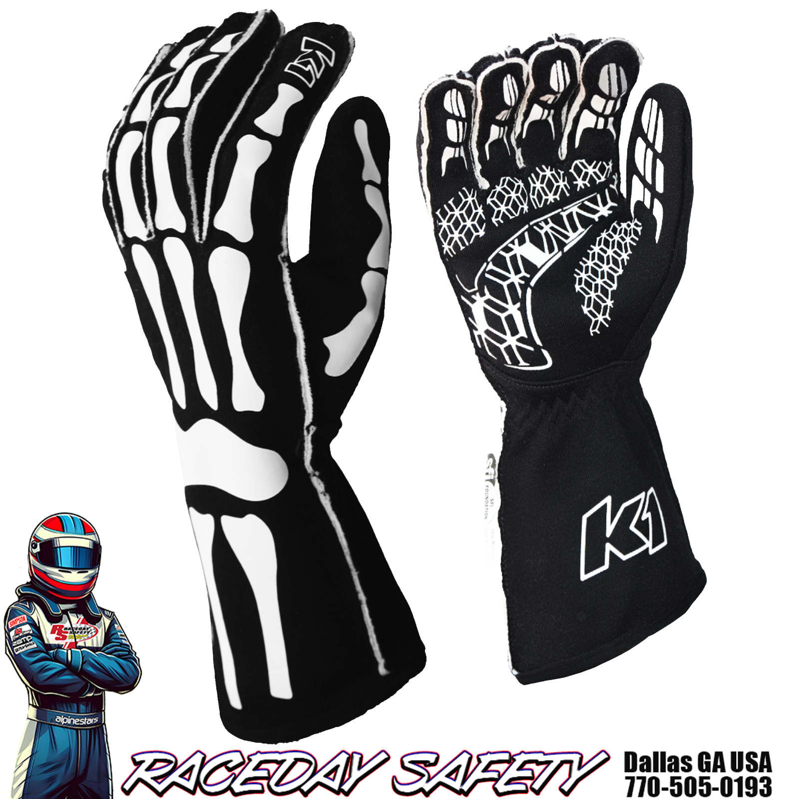 K1 RaceGear Skeleton Nomex Racing Gloves SFI 3.3/5 Black/White Kids & Adult