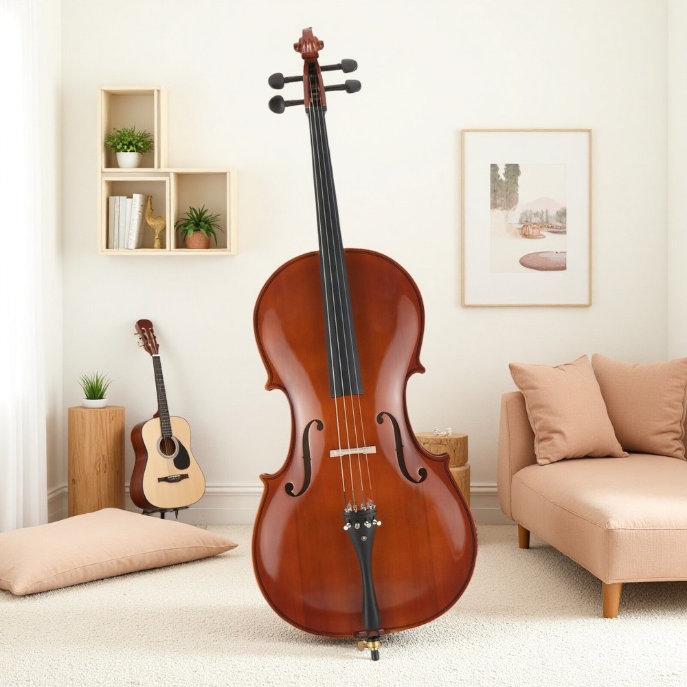 4/4 Full Size Solid Spruce Top Beginner Acoustic Cello Set - Bag Natural Bow
