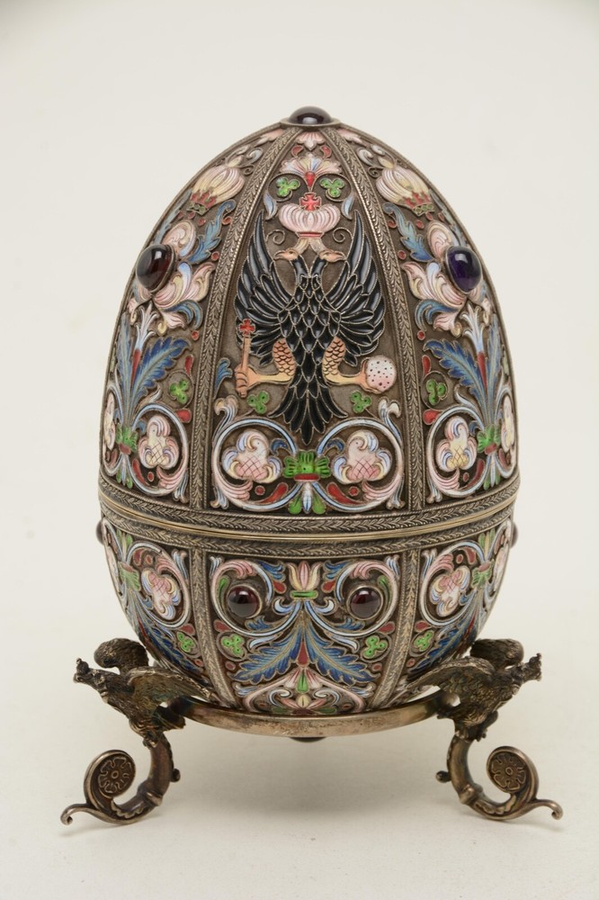LARGE RUSSIAN Enamel Silver Antique FABERGE Easter Egg Gem Set