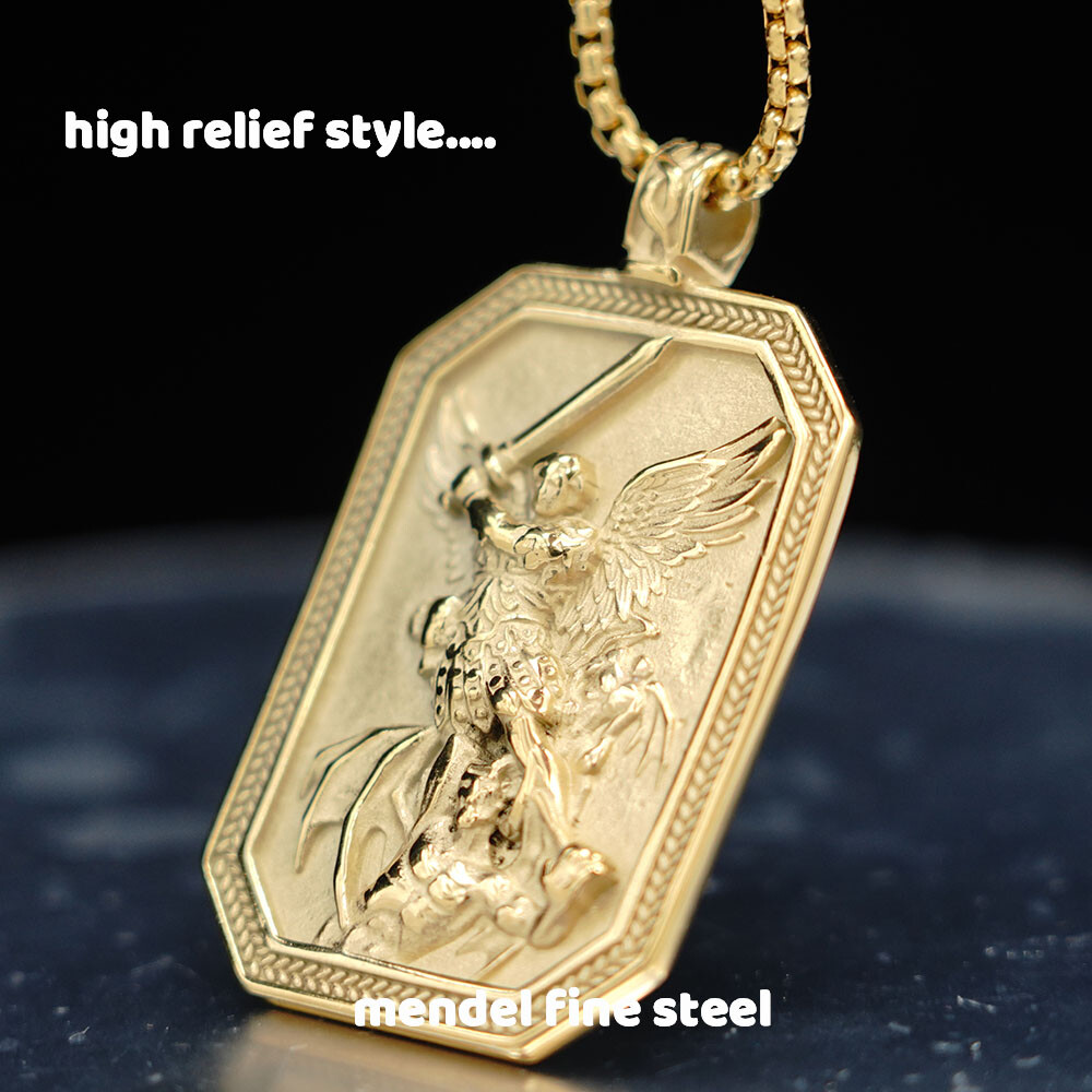 MENDEL Gold Mens St Saint Michael Archangel Medal Medallion Pendant Necklace Men
