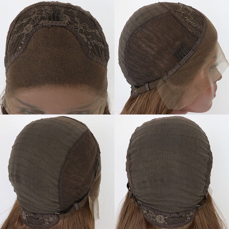 Frontal Lace Wig Layered Pre Plucked Long Straight Heat Resistant Hair Brown