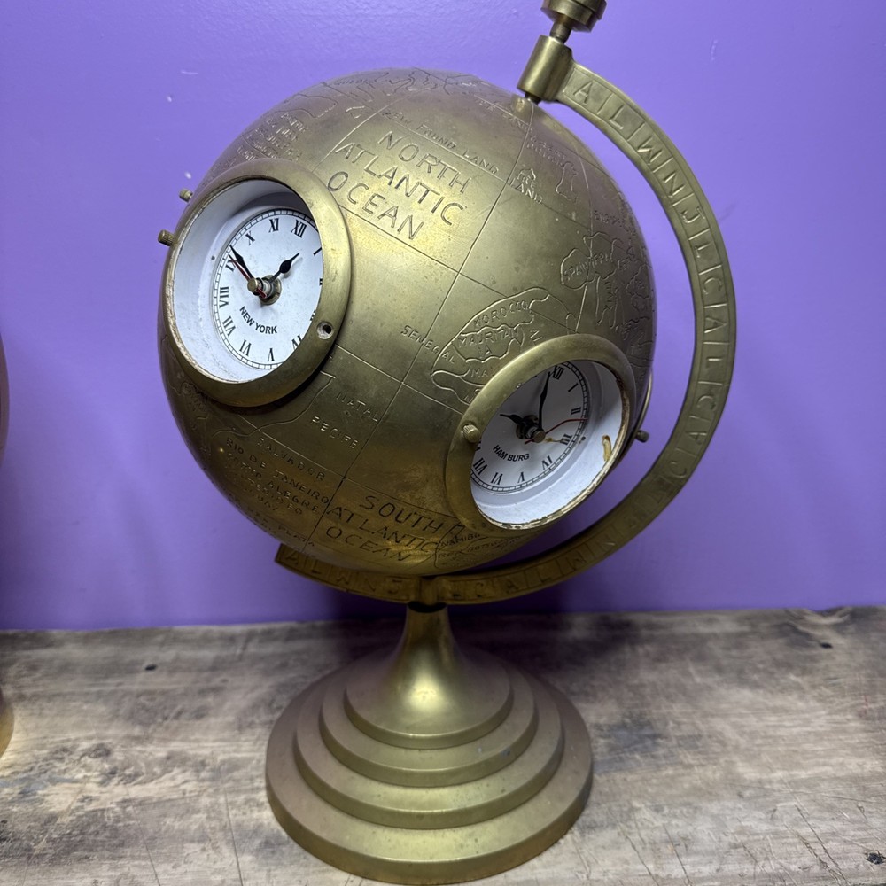 BRASS WORLD GLOBE CLOCK W/FIVE CLOCKS BEVELED GLASS.   A3