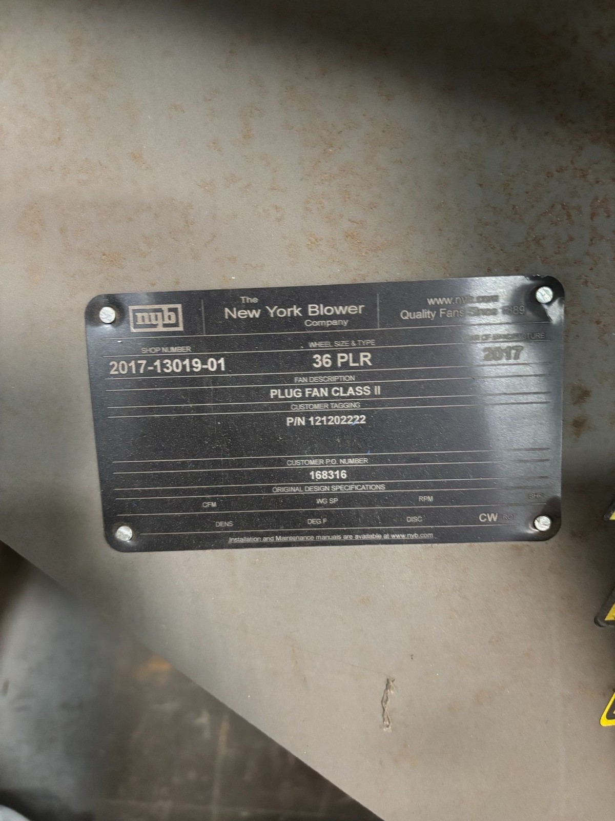 NEW YORK BLOWER COMPANY 36 PLR Plug Fan Class II