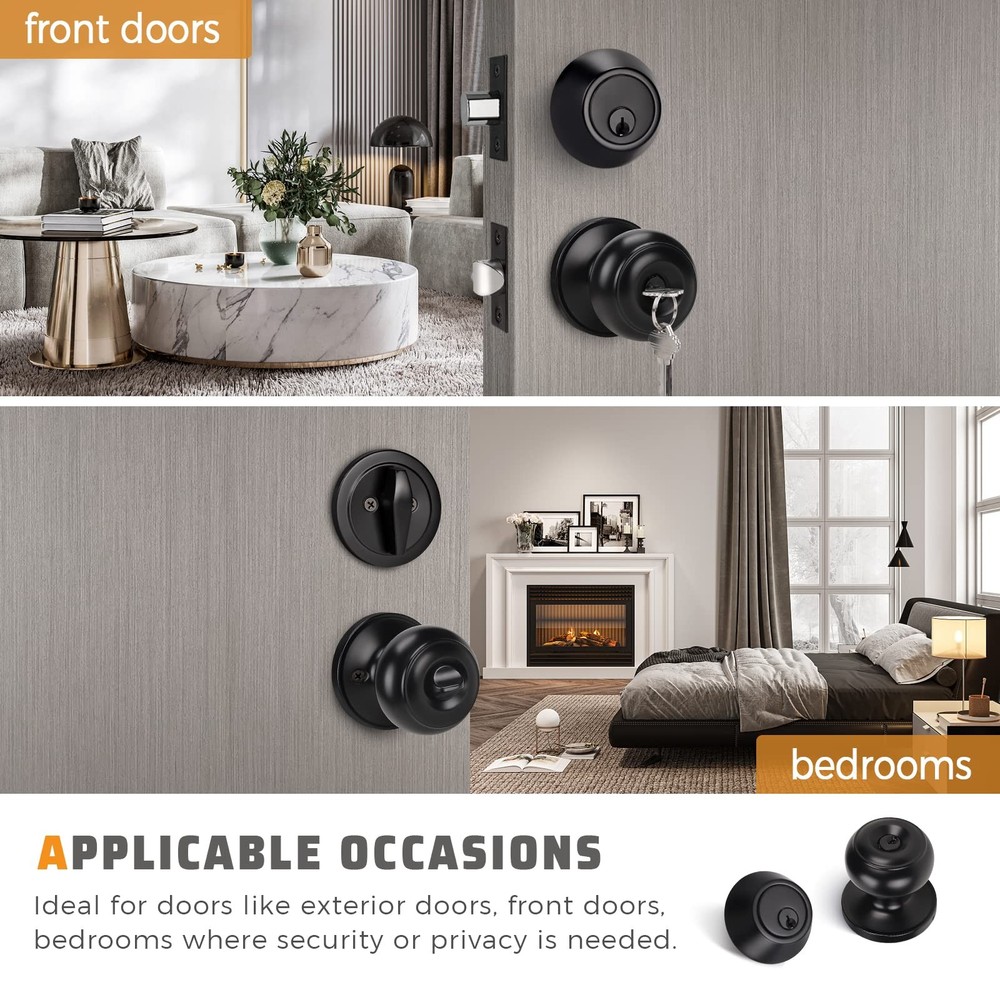 KNOBWELL 3 Pack Keyed Alike Entry Door Knobs and Single 3 Pack, Black