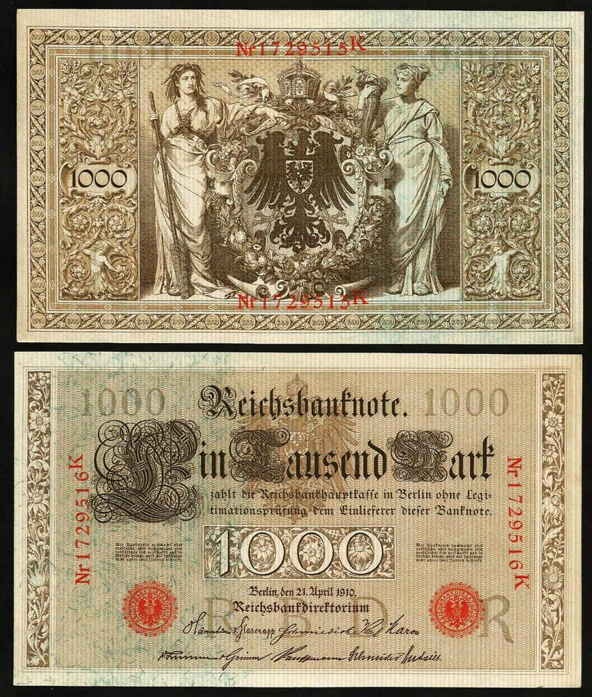 Pair German Bank notes consecutive serial numbers issued 1910 UNC