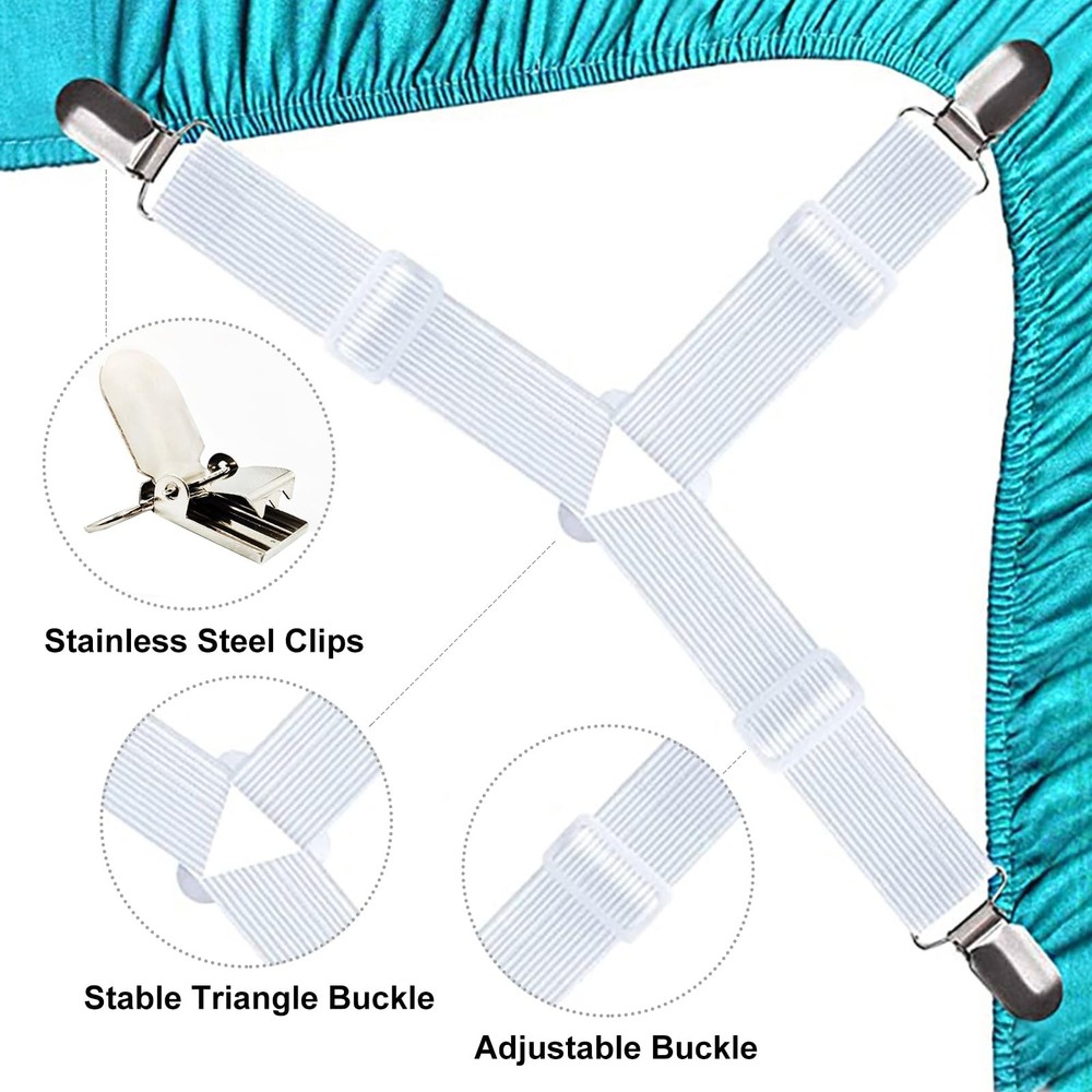 4 Pack Adjustable Bed Sheet Holders Fitted Sheet Straps with Clips for Mattress