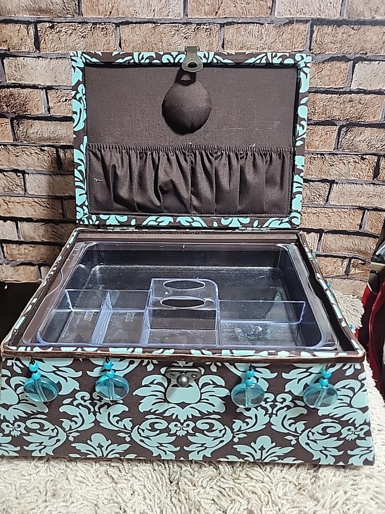 ST JANE LARGE CLOTH PADDED SEWING BOX W/BEADED HANDLE BROWN/TEAL RECTANGLE