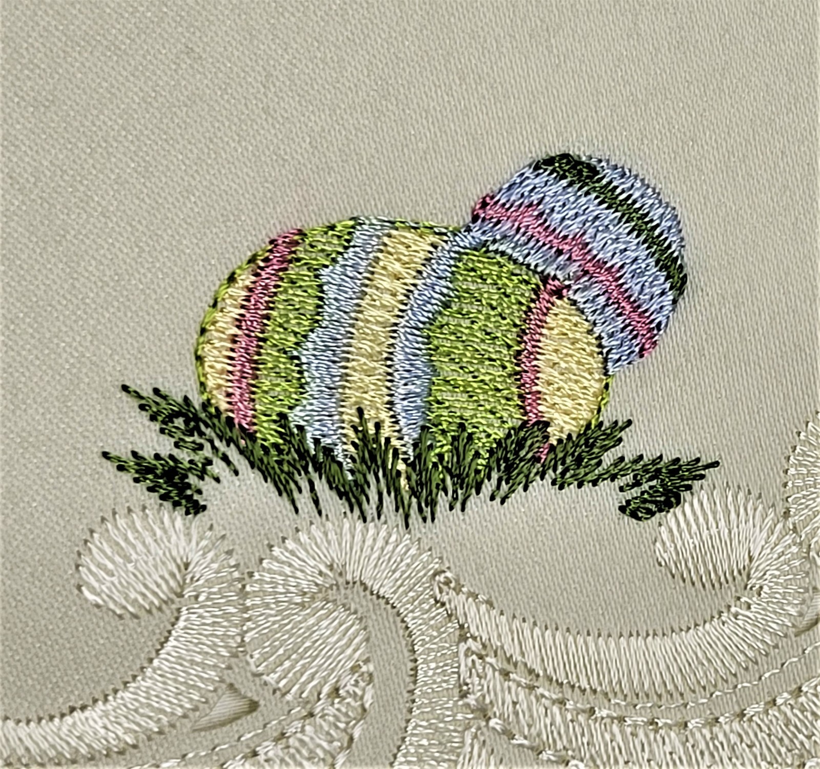 Doily Boutique Table Runner, Doily, Mantel Scarf with Easter Bunny on Ivory