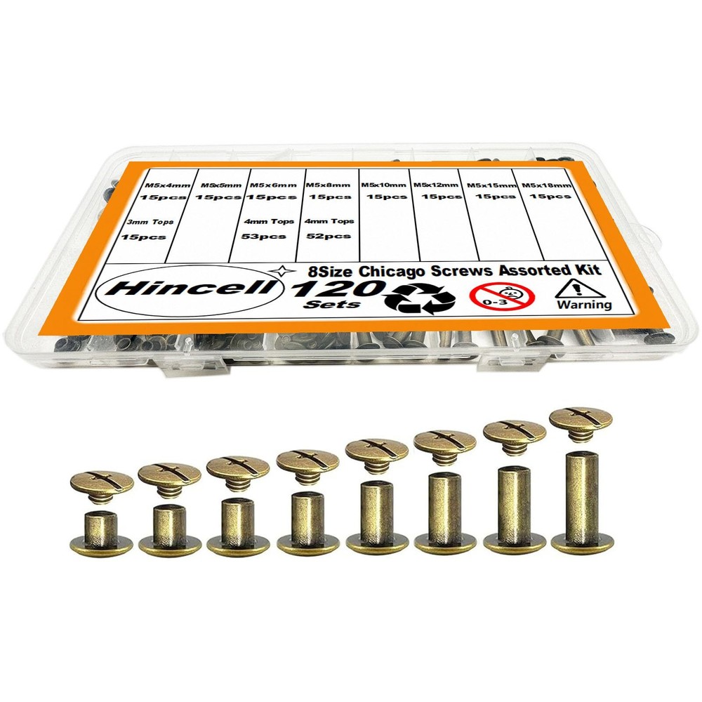 120sets Chicago Screws Kit 8 Sizes Screw Rivets Bronze Chicago Binding Screws...