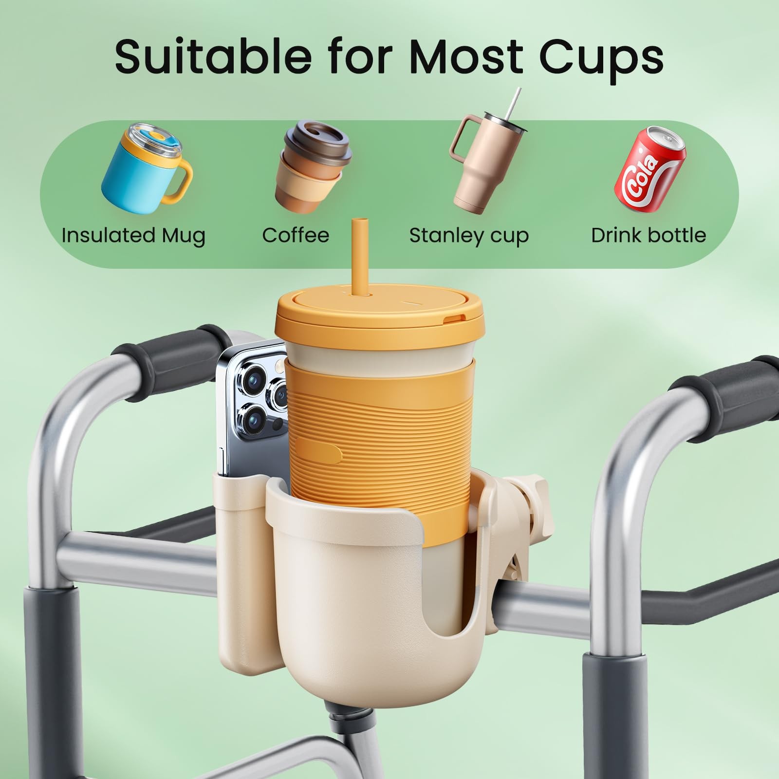 Guiseapue Cup Holder for Walker, Wheelchair Cup Holder with Phone Holder, Rol...
