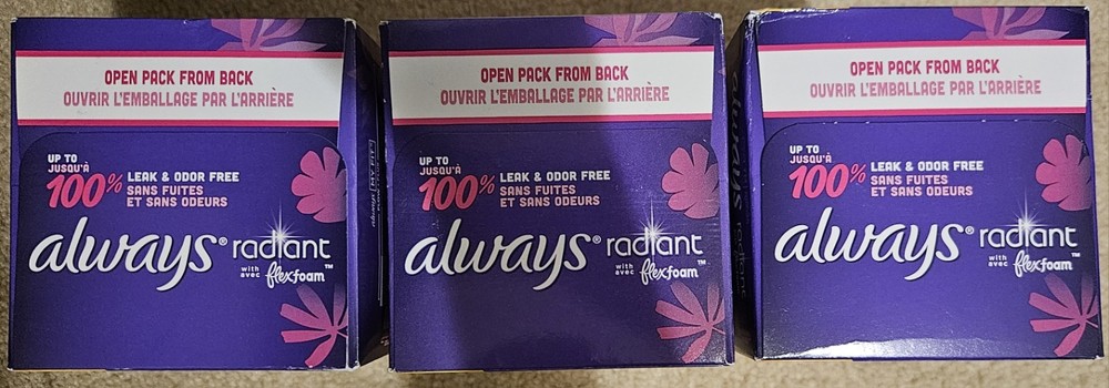 Always Radiant With Flexfoam, Size 1 Regular, 30 Count, 3 Box Bundle