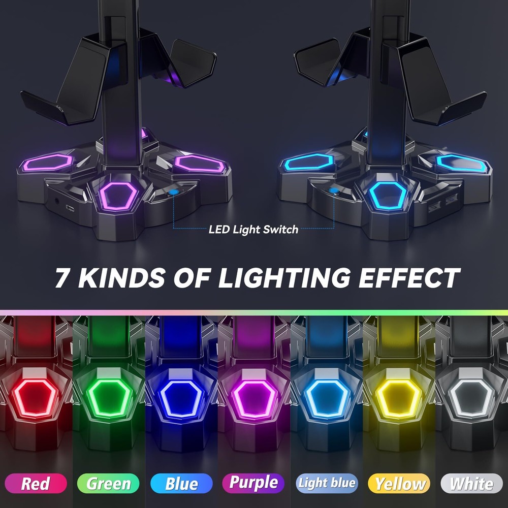 Gaming Headphone Stand Rotatable Light Modes with USB Ports & Controller Holder