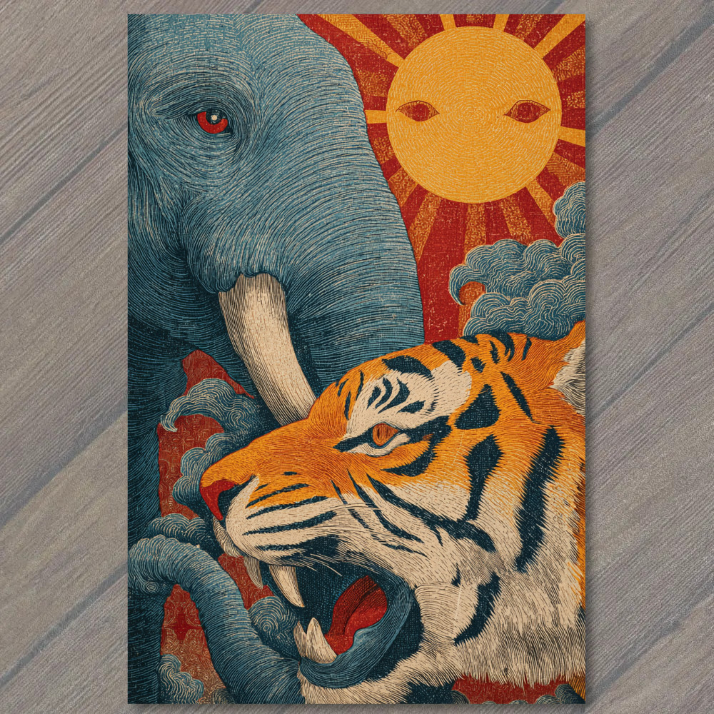 POSTCARD Elephant Tiger Sun Folk Pattern Bold Mythic