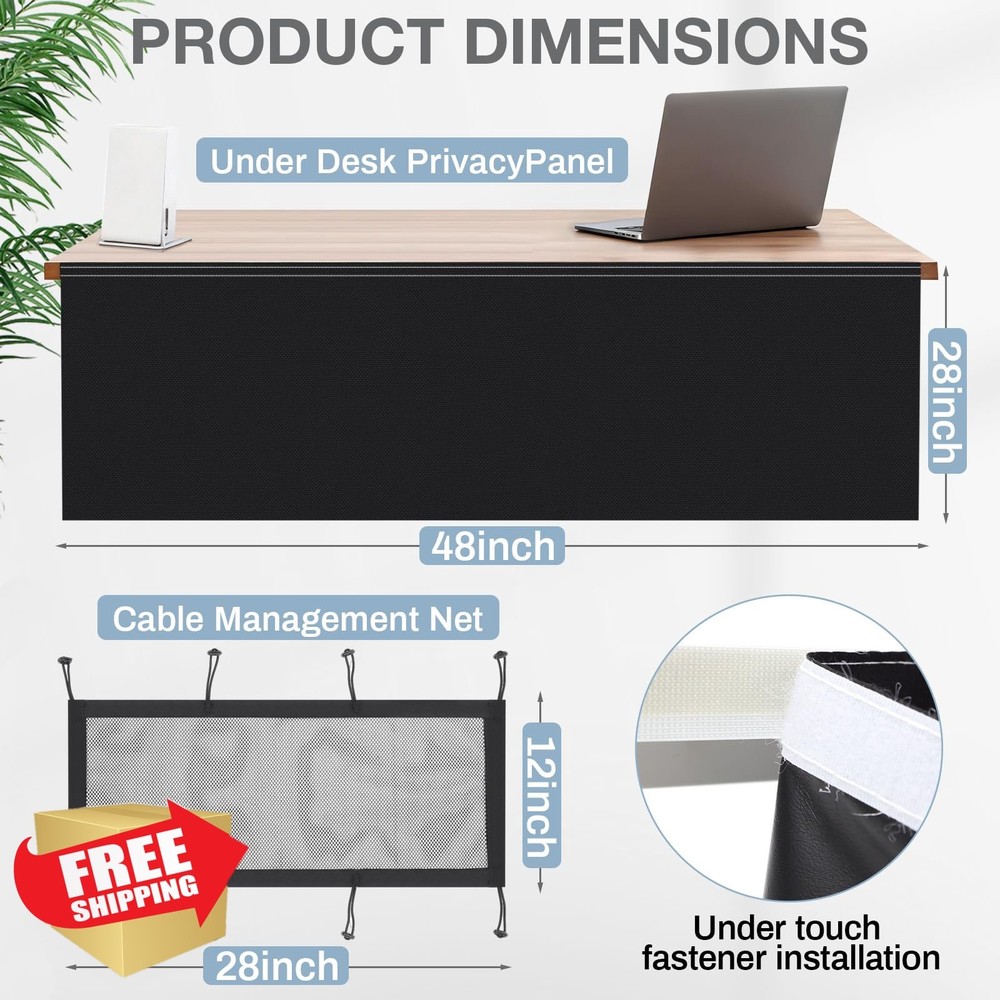 Tegeme 48" Under Desk Privacy Panel Black Cable Mgmt