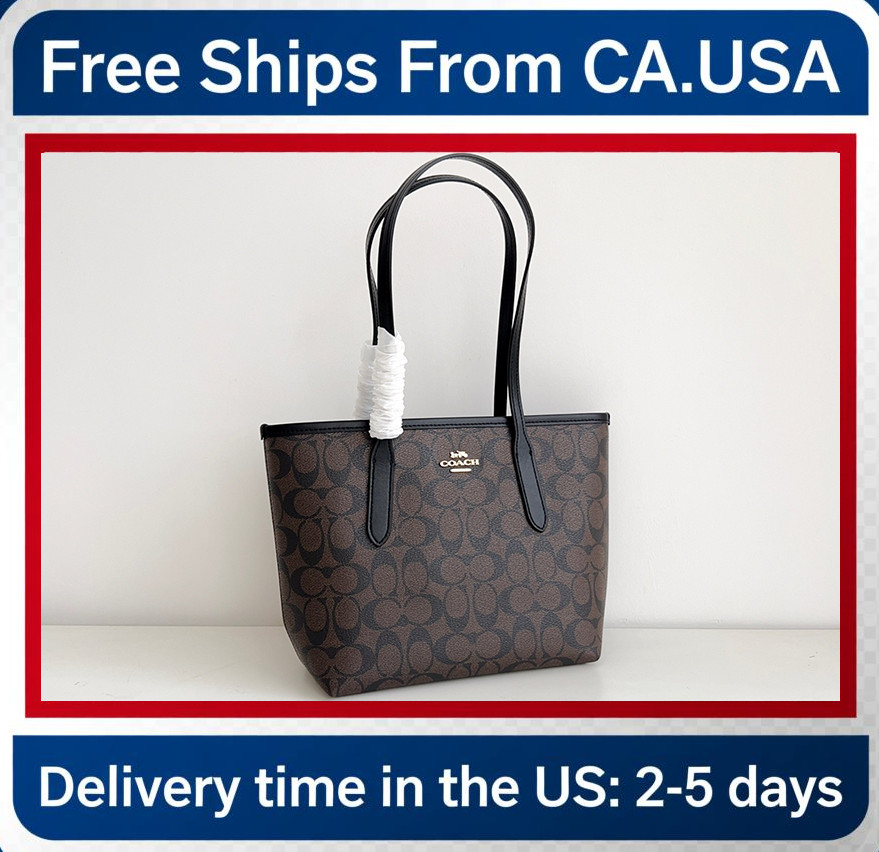 COA CU759 Small City Tote Signature Coated Canvas Black Brown Outlet Brand New