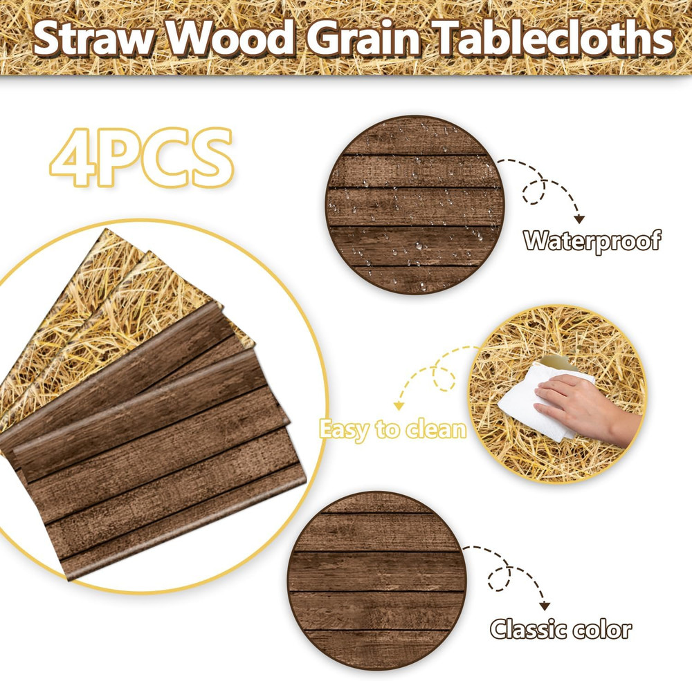 2Pcs Straw Tablecloths and 2Pcs Wood Tablecloths Rectangular Straw Wood Grain Ta